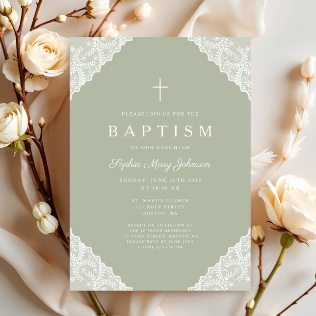 Elegant Lace Sage Green Baptism Invitation (Elegant Lace Sage Green Baptism Invitation)