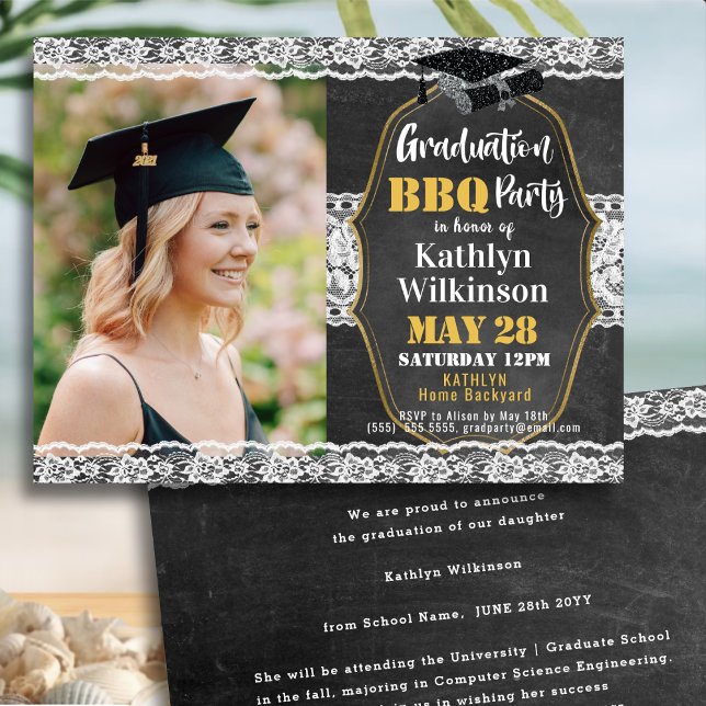 Elegant Lace Silver Glitter Photo Graduation Party Invitation (Creator Uploaded)