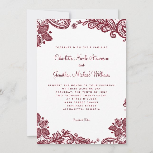 Elegant Lace Wedding Custom Photo Red White Chic Invitation (Front)