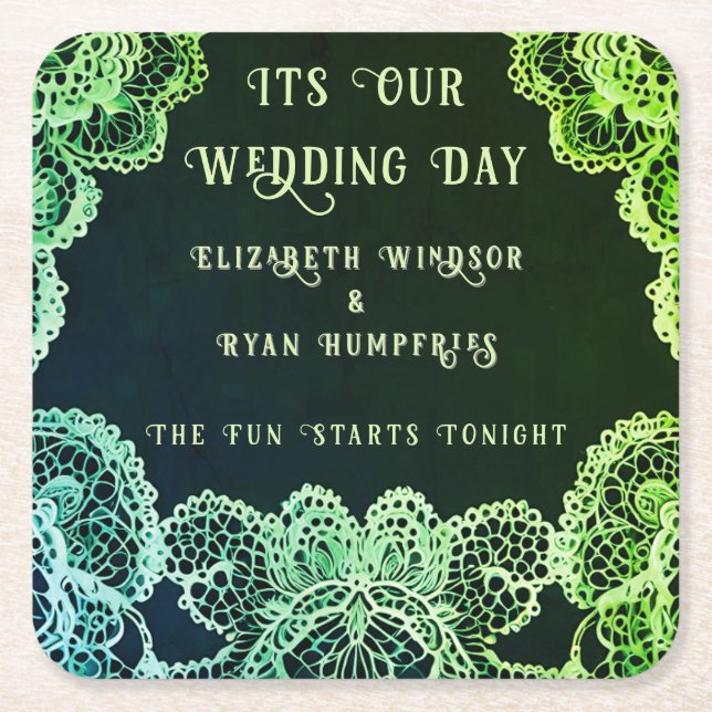 Elegant Lace" Wedding Invitation Collection  Square Paper Coaster (Front)