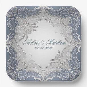 Elegant Lace Wedding On Blue Gradient Paper Plate