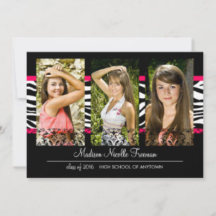 Elegant Lace & Zebra Pink Photo Graduation Invitation