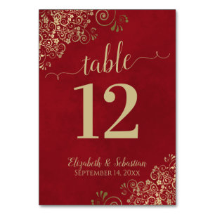 Elegant Lacy Gold Calligraphy Crimson Red Wedding Table Number
