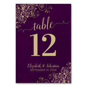 Elegant Lacy Gold Calligraphy Plum Purple Wedding Table Number