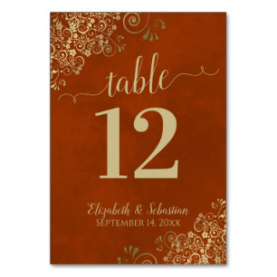 Elegant Lacy Gold Calligraphy Rust Orange Wedding Table Number