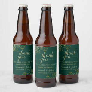 Elegant Lacy Gold Emerald Green Wedding Thank You Beer Bottle Label