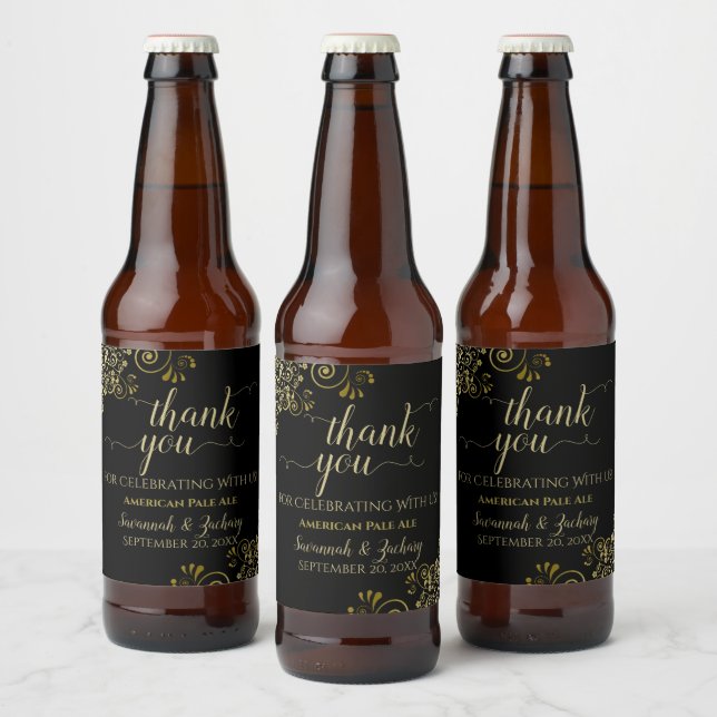 Elegant Lacy Gold on Black Wedding Thank You Beer Bottle Label (Bottles)