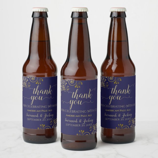 Elegant Lacy Gold on Navy Blue Wedding Thank You Beer Bottle Label (Bottles)