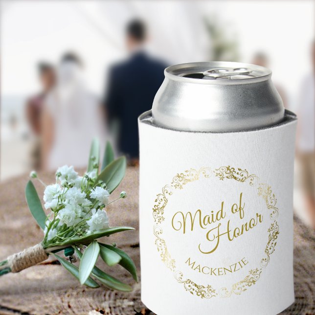 Elegant Lacy Gold on White Maid of Honour Wedding Can Cooler (Creator Uploaded)