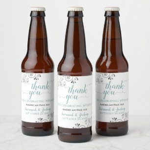 Elegant Lacy Grey, Teal & White Wedding Thank You Beer Bottle Label