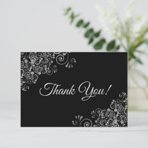 Elegant Lacy Silver & Black Simple Wedding Thank You Card