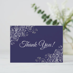 Elegant Lacy Silver & Navy Blue Simple Wedding Thank You Card