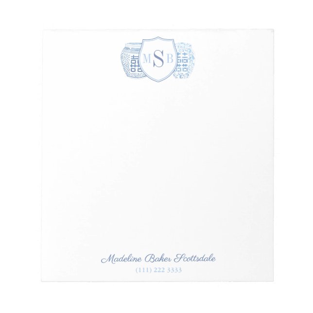 Elegant Ladies Ginger Jar Blue And White Monogram Notepad (Front)