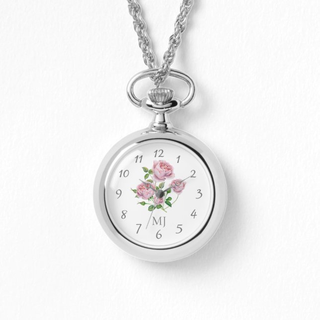 Elegant Ladies Watch Necklace with Pink Roses (Front)