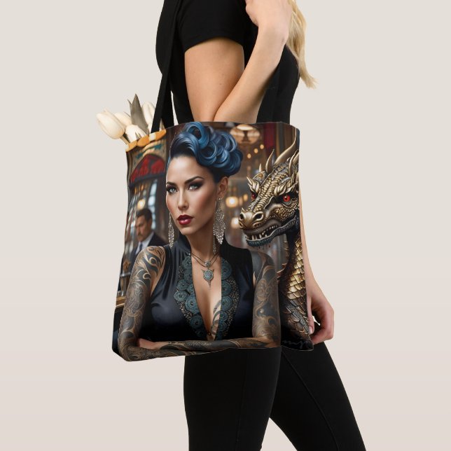 Elegant Lady Boss With Tattoo And Dragon Tote Bag (Close Up)