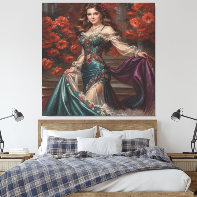 Elegant Lady in Floral Dress Amidst Red Poppies Canvas Print (Insitu(Bedroom))