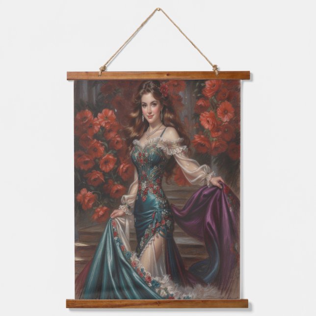 Elegant Lady in Floral Dress Amidst Red Poppies Hanging Tapestry (Front)