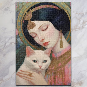 Elegant Lady in Pink With White Cat I Art Nouveau Jigsaw Puzzle