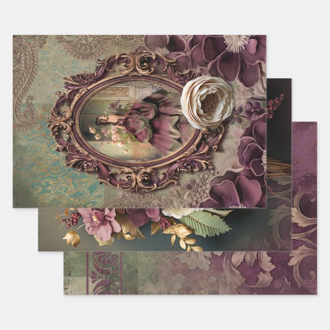 Elegant Lady Portrait, Floral and Demask Paper (Set)