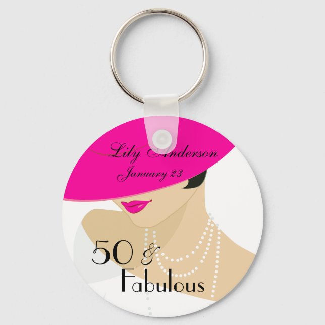 Elegant lady retro 50 & Fabulous hot pink pearls Key Ring (Front)
