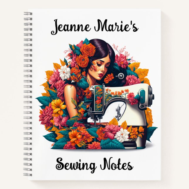 Elegant Lady Sewing Machine Tropical Flowers Notebook (Front)
