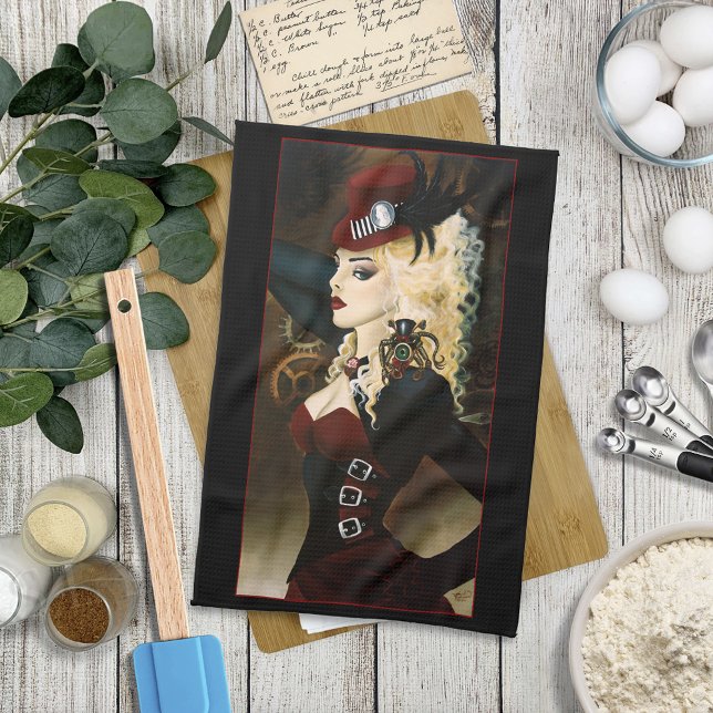 Elegant Lady Steampunk Victorian Red Clockwork Tea Towel (Creator Uploaded)