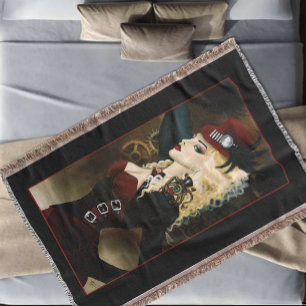 Elegant Lady Steampunk Victorian Red Clockwork Throw Blanket