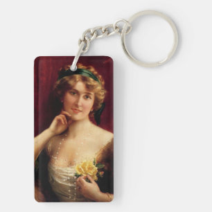 Elegant Lady With A Yellow Rose by Emile Vernon Key Ring