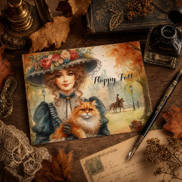 Elegant Lady with Cat Happy Fall  Postcard