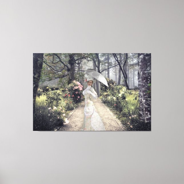Elegant Lady With White Umbrella By The Woods Canvas Print (Front)