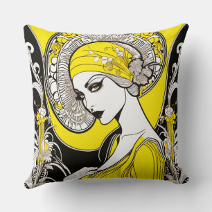 Elegant Lady Yellow & Black Art Nouveau Cushion