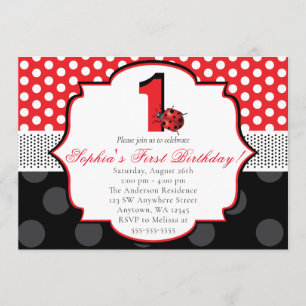 Elegant Ladybug Polka dot First Birthday Invitation