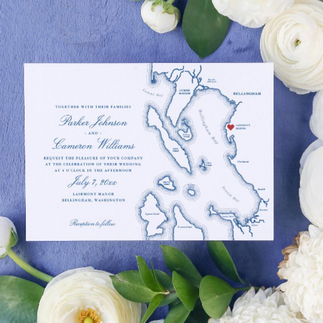 Elegant Lairmont Manor Bellingham Map Wedding Invitation (Elegant Bellingham Washington Lairmont Manor Wedding Invitation in navy blue by Coastal Map Designs)