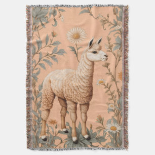 Elegant Lama and Daisy Flowers On Peach Throw Blanket