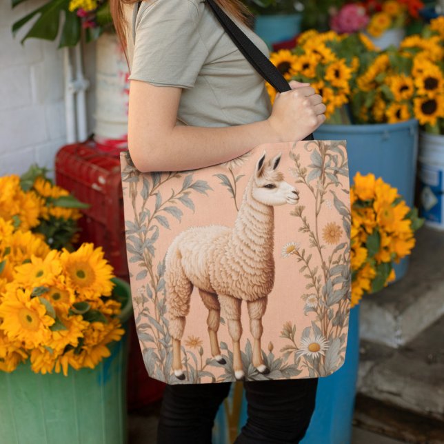 Elegant Lama and Daisy Flowers On Peach Tote Bag (Creator Uploaded)