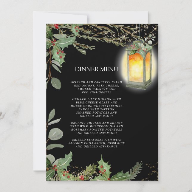Elegant Lantern Winter Black Christmas Dinner Invitation (Front)