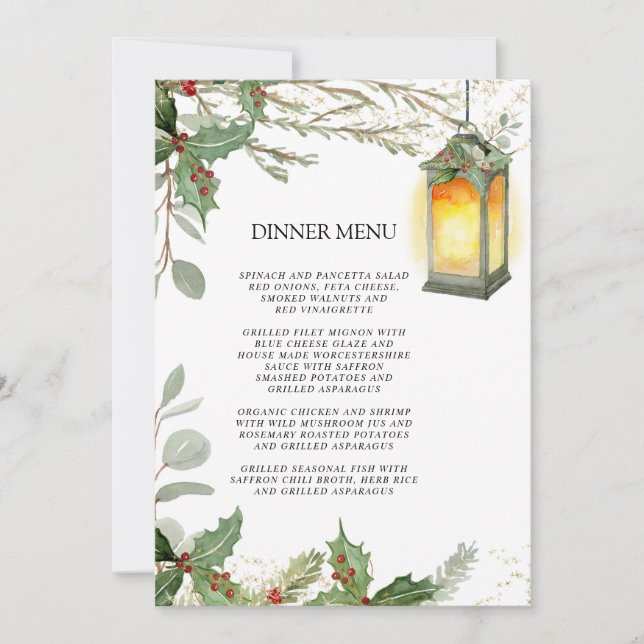 Elegant Lantern Winter Holly Christmas Dinner Invitation (Front)