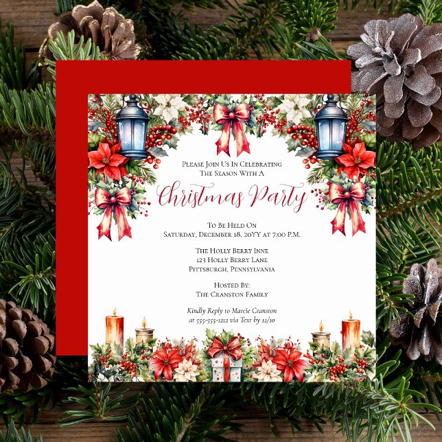 Elegant Lanterns | Candles Floral Christmas Party Invitation (Vintage Elegant Lanterns and Candles, Poinsettias, Holly and Berries Floral Christmas Party Invite)