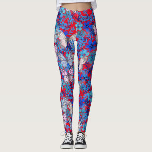 Elegant Large Colourful Butterflies Flowers on Red Leggings
