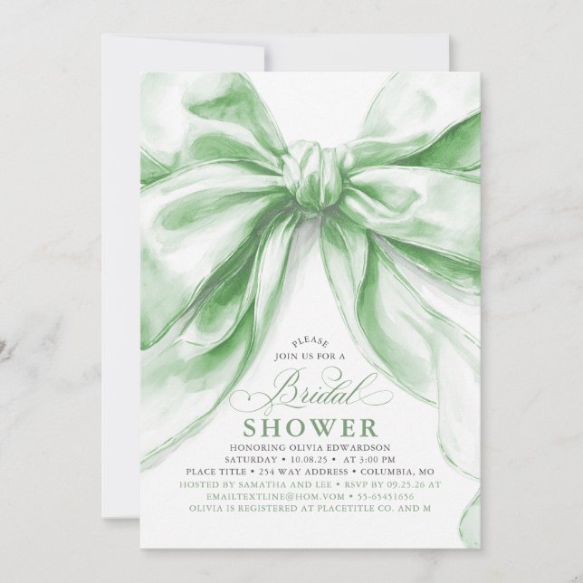 Elegant Large Sage Green Bow Bridal Shower  Invitation (Front)