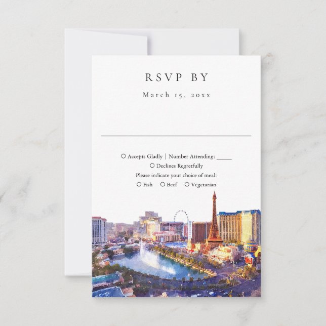 Elegant Las Vegas Skyline Watercolor Wedding RSVP Card (Front)