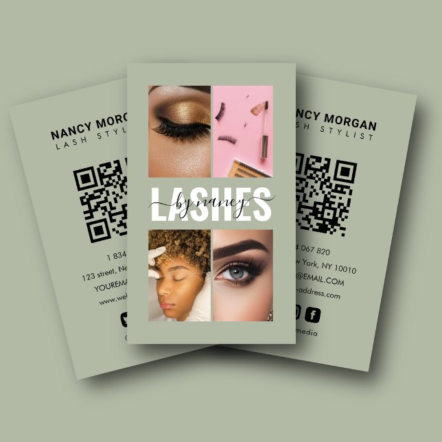 Elegant Lash Extension Tech Photo Collage QR Code  Business Card (Creator Uploaded)