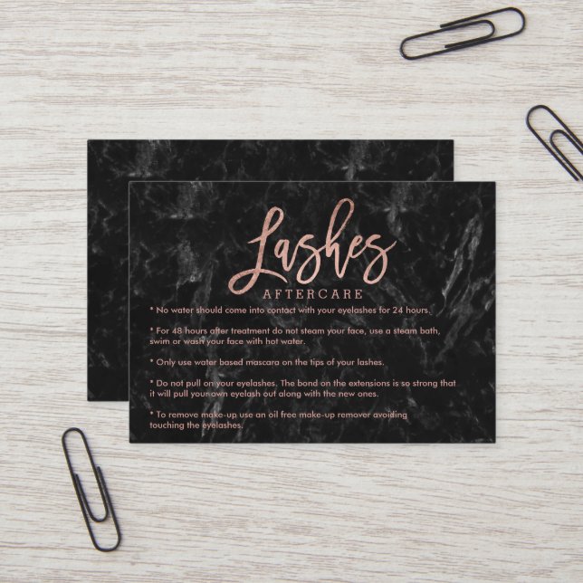 Elegant lashes aftercare rose gold black marble business card (Front/Back In Situ)