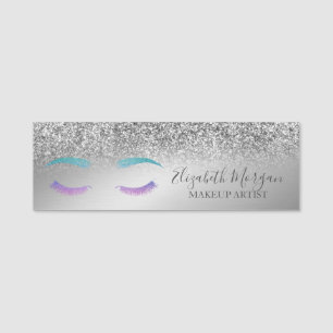 Elegant Lashes,Silver Glitter Bokeh Makeup artist Name Tag