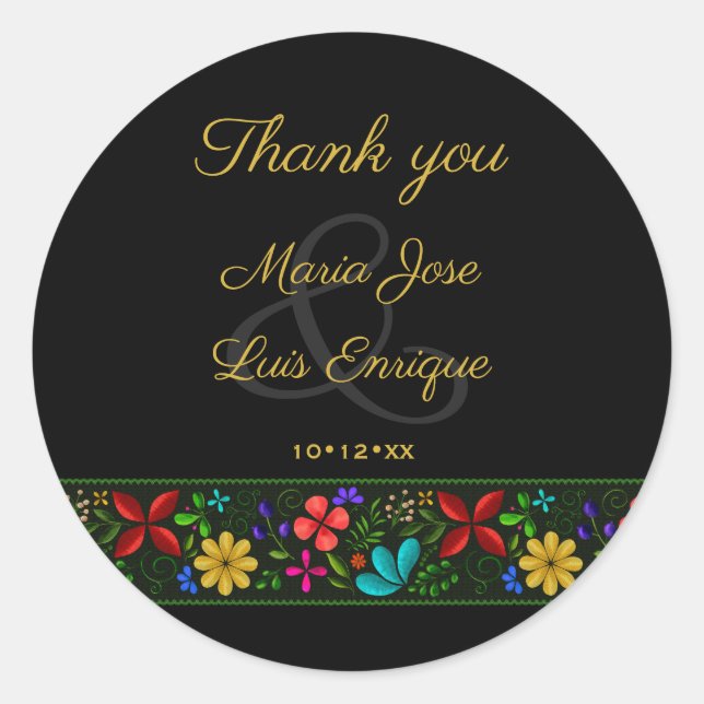 Elegant Latin American Black Gold Floral Thank You Classic Round Sticker (Front)