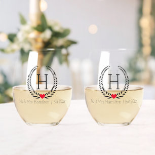 Elegant Laurel Heart Monogrammed Name Personalised Stemless Wine Glass