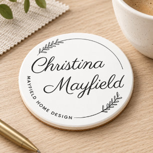 Elegant Laurel Leaves Personalised Name Business Coaster