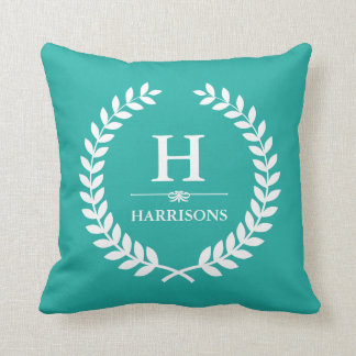 Elegant Laurel Wreath Decor Teal Green Monogram Cushion
