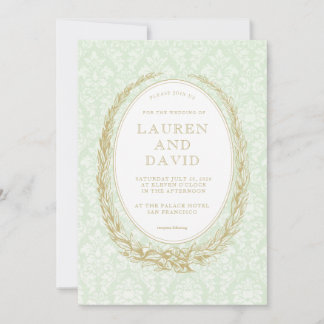 Elegant Laurel Wreath | Green Damask  Invitation