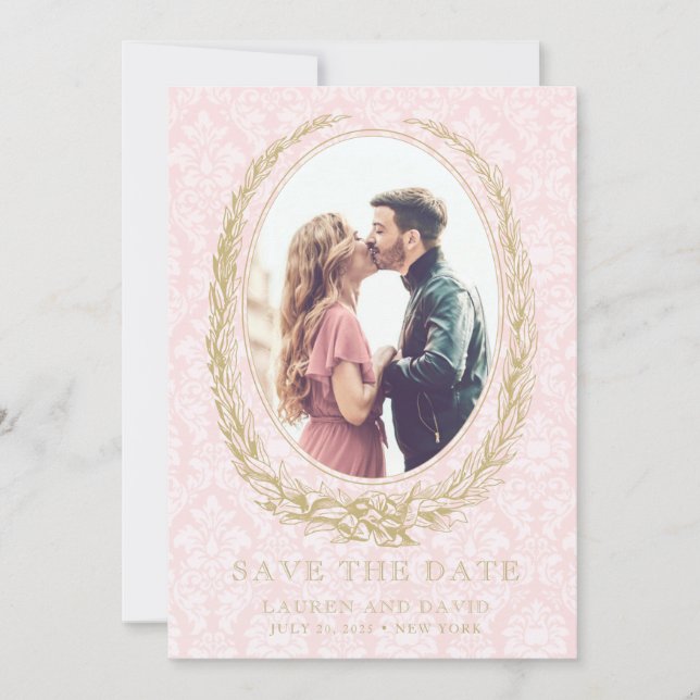 Elegant Laurel Wreath | Pink Damask Photo Save The Date (Front)